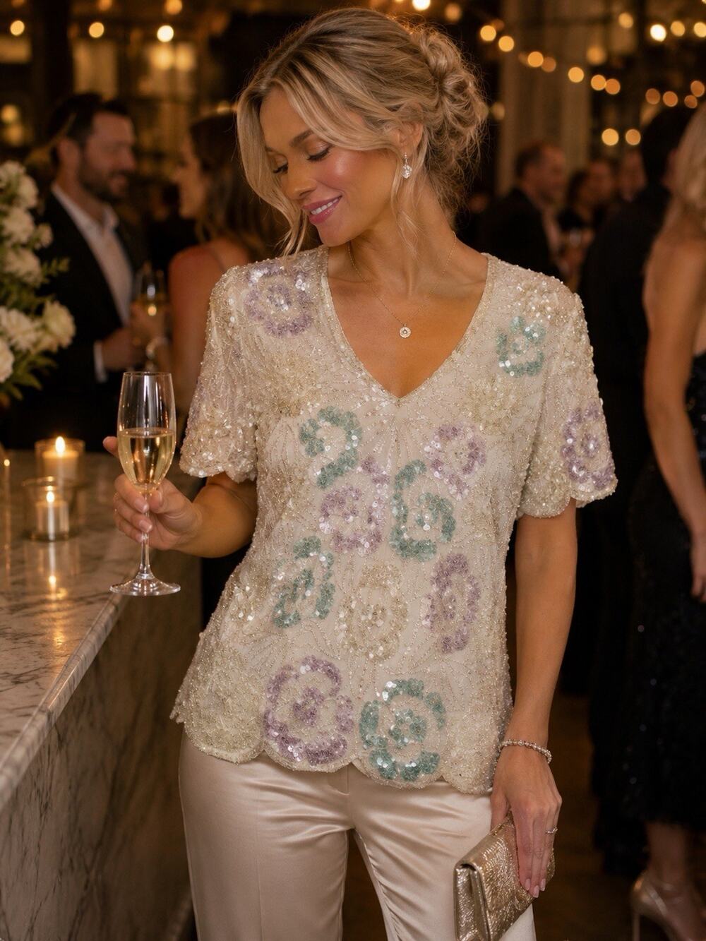 Papell Boutique Silk Beaded Sequin Evening Blouse L Vintage